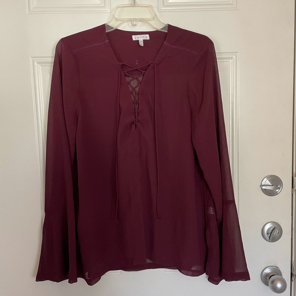 Leith Semi Sheer Lace Up Plum Purple Trumpet Wrist Long Sleeve Top Size Large